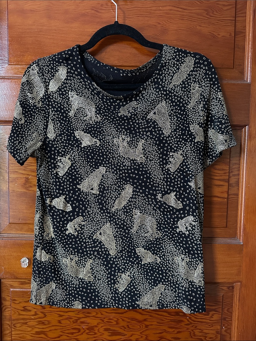 Vintage Black Short-Sleeve Top with Gold Leopard Motif